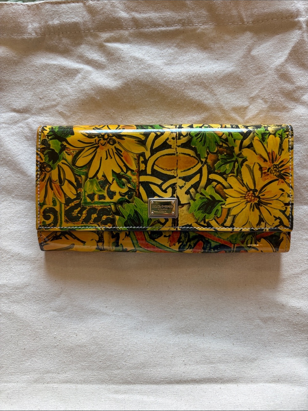 Authentic Dolce & Gabbana Yellow Floral Patent Leather Wallet with Green Accents